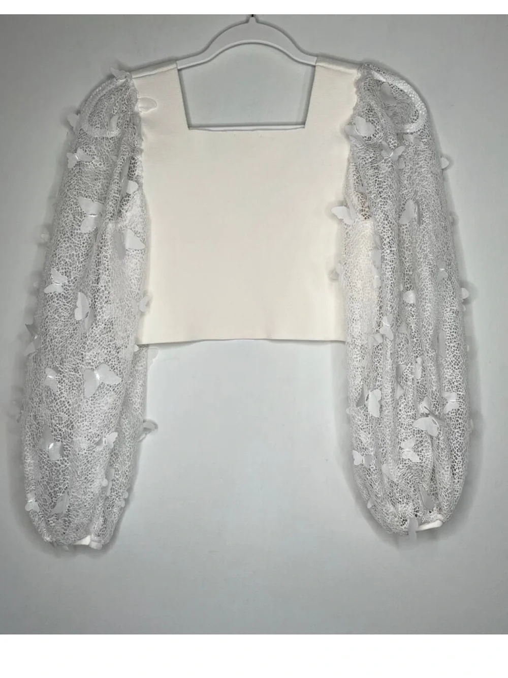 Free People White FlutterBy Flutter Crop long sleeve Butterfly Lace Crochet